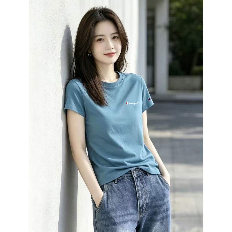 Japanese Version Champion Blue Short-Sleeve Crew Neck T-Shirt for Women, New Summer Style, Versatile, Loose, Slimming, Letter Casual Embroidered Top Japanese Version Champion Blue Short-Sleeve Crew Neck T-Shirt for Women, New Summer Style, Versatile, Loose, Slimming, Letter Casual Embroidered Top