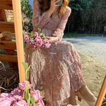 Spring dress 2021 New French retro Super fairy Mori stem stem Orange first love Hepburn flower dress female autumn