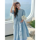 Летнее синее платье, дизайнерская юбка, большой размер, коллекция 2023