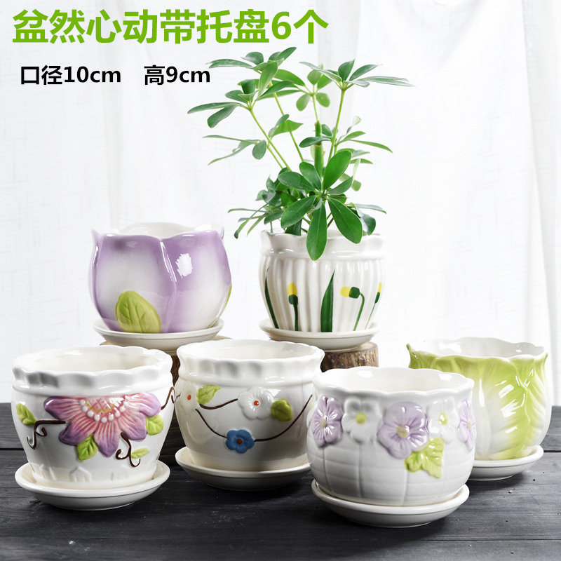 Flowerpot flesh household ceramics special offer a clearance with tray was creative move contracted large money plant small fleshy flower pot