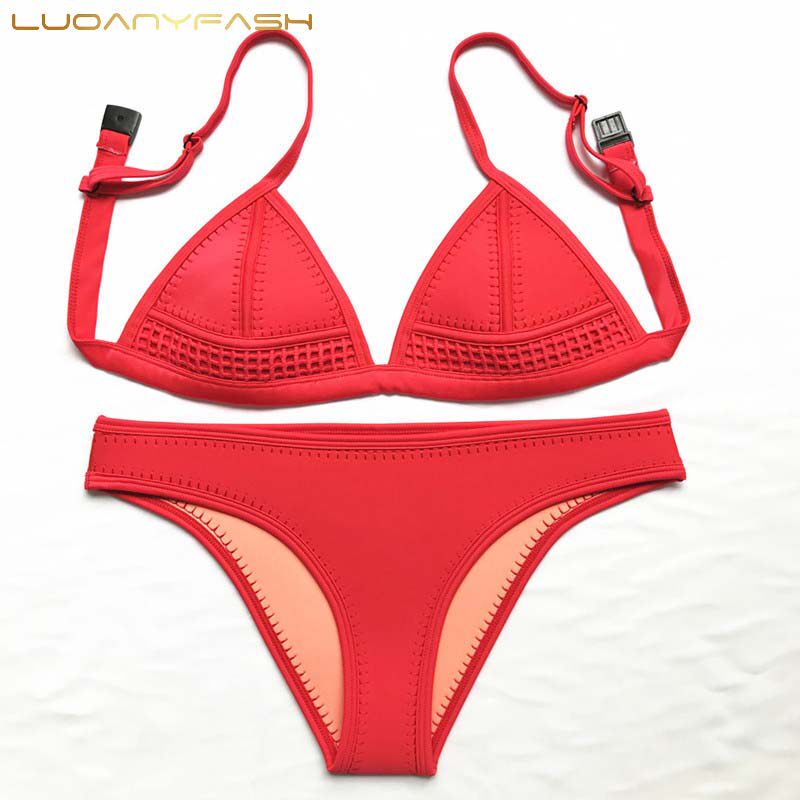 Australian Spa Hanging Neck Neoprene Bikini Solid Color Strap Two Piece Swimsuit Ladies Swimsuit Vacation Bikini