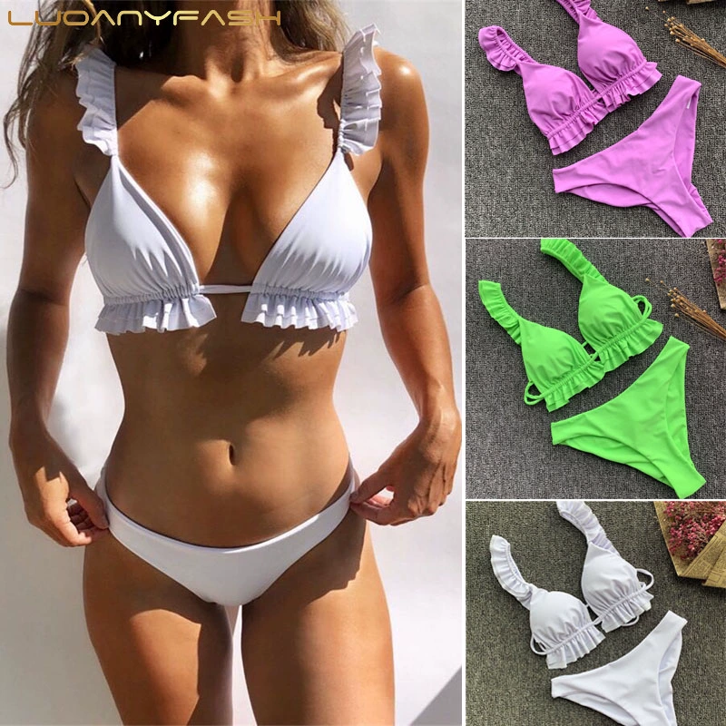 Mới 2019 áo tắm xẻ tà Châu Âu và Mỹ Bộ bikini có lông xù nữ tính Đồ bơi đồng màu dây đeo bikini bãi biển - Bikinis