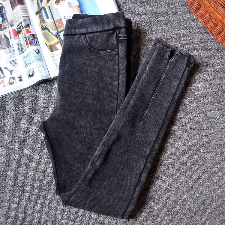 200 pounds chất béo mm mùa thu và mùa đông phiên bản Hàn Quốc cộng với quần legging nhung cao, mặc quần skinny size lớn của phụ nữ giả denim dày áo khoác nữ trung niên