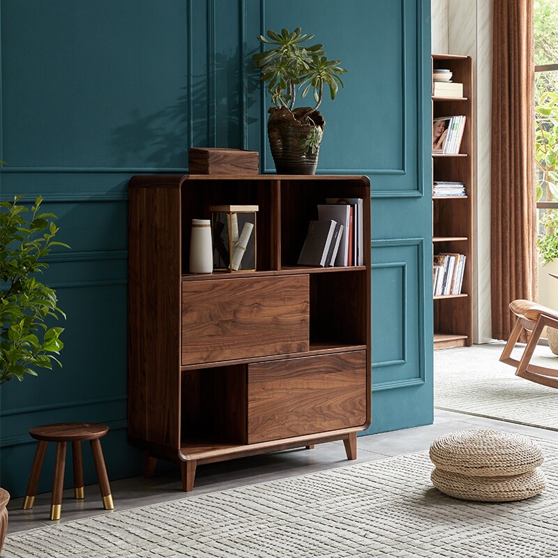 Nordic black walnut low bookcase modern all solid wood bookshelf storage storage sideboard shelf light luxury customization