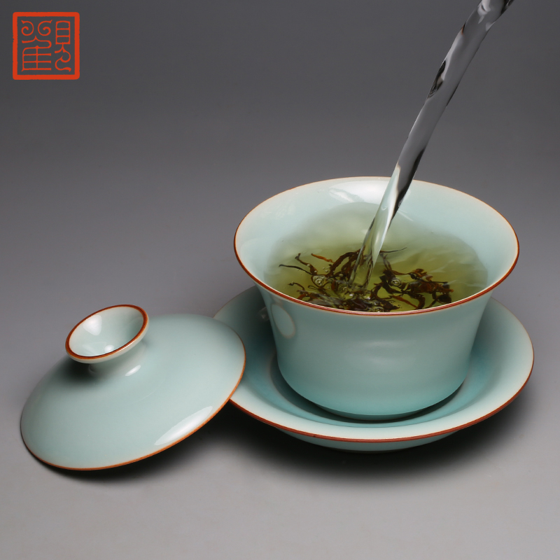 Restoring museum tureen longquan celadon three cups to tureen ceramic kung fu tea set large cover cup tea bowl