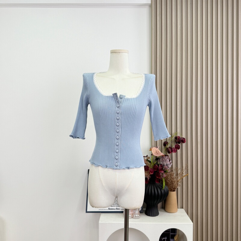 Sister's Outfit Features a Sexy U-Neck Lace Trim and Tencel Yarn Mid-Sleeve Top, Slim Fit and Flattering T-Shirt for Women