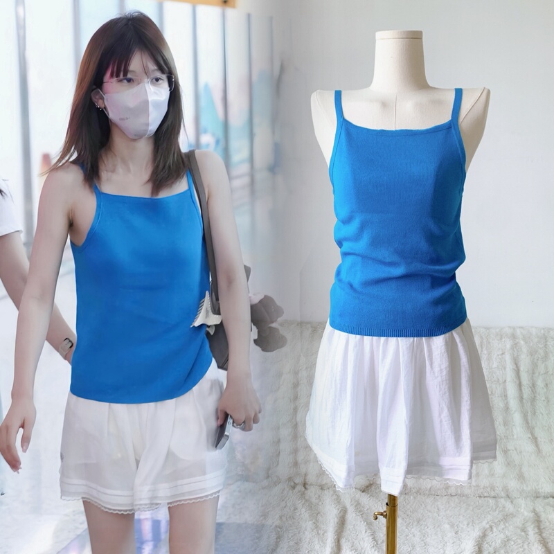 Zhao Lusi's Same Style Korean-Style Blue Camisole Tank Top for Summer, Flattering and Slimming, Versatile Sleeveless Top for Women