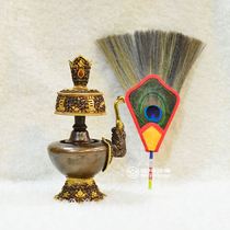 Tantra ritual offerings Nepalese handmade red copper gilt water purification bottles Wenba pots Pemba pots and auspicious grass fans