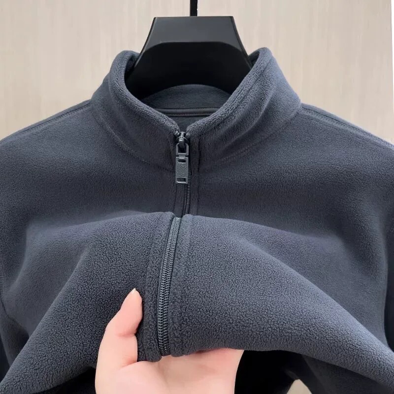 New Stand-Up Collar Zip-Up Cardigan Jacket for Autumn and Winter, Men's Thickened Sweatshirt, Warm Men's Fleece Solid Color Jacket