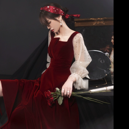 Вечернее платье, бордовый бархатный лонгслив, свадебное платье, изысканный стиль, французский стиль, подходит для подростков