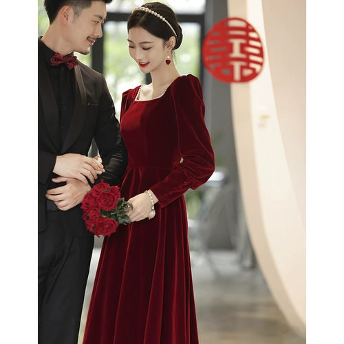 Бархатное красное вечернее коктейльное платье, свадебное платье, лонгслив, изысканный стиль