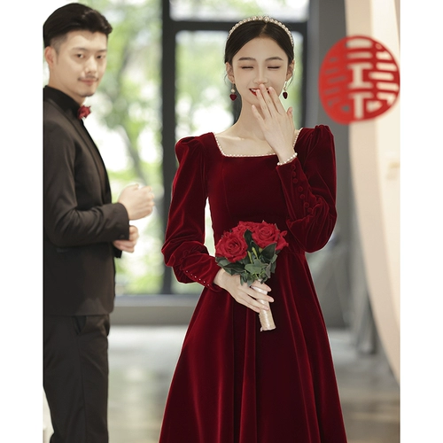 Бархатное красное вечернее коктейльное платье, свадебное платье, лонгслив, изысканный стиль