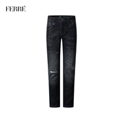 Quần jean đen nam Ferre In thêu mới Slim Slim Tide Quần nam Quần lỗ - Quần jean