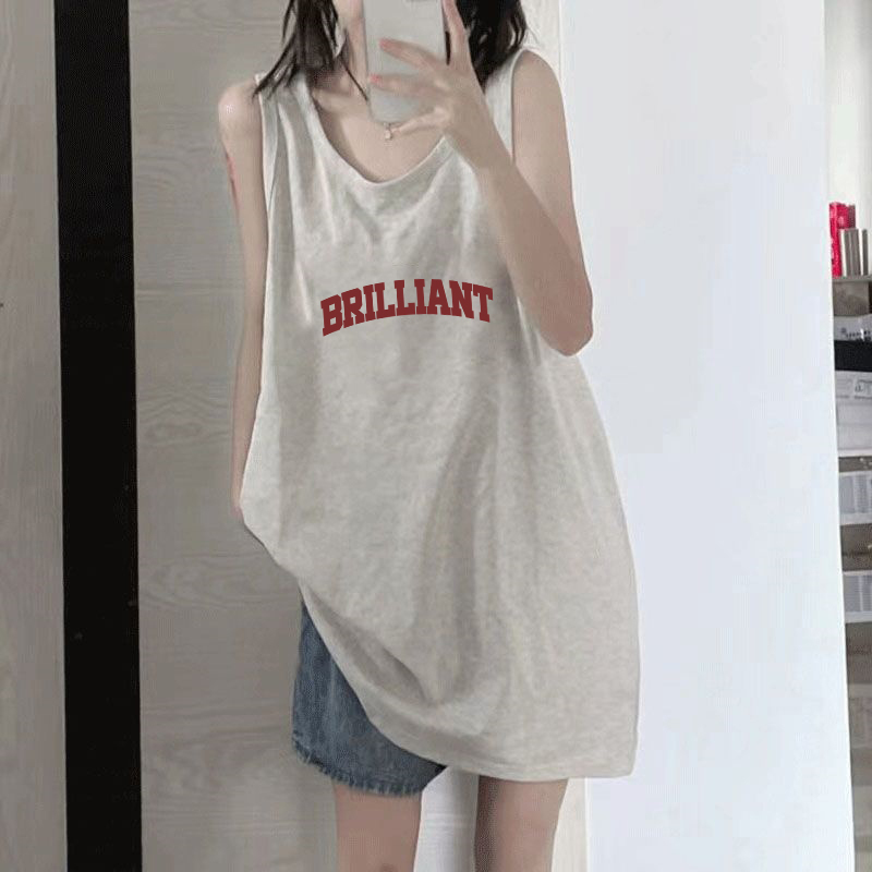 Plus Size Fat Girl Pure Cotton Gray Sleeveless Sports Vest Top for Women, Summer Mid-Length Style That Covers the Body and Looks Slimming, Versatile T-Shirt