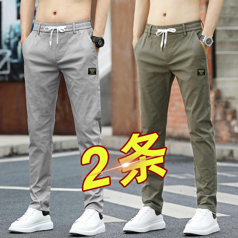 2025 New Pure Cotton Casual Pants for Men, Straight Slim Fit, Korean Style Drawstring Long Pants, Men's Elastic Waist, Thin Summer Style