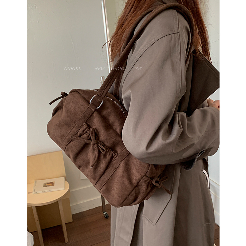 Retro Commuter Suede Bag for Women 2025 New Autumn and Winter Shoulder Bag Korean Style Brown Large Capacity Boston Bag