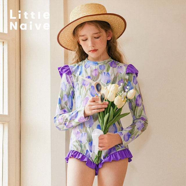 LittleNaive summer girls one-piece swimsuit long-sleeved floral medium and large children's sun protection ชุด swimsuit ເດັກຍິງເດັກນ້ອຍ