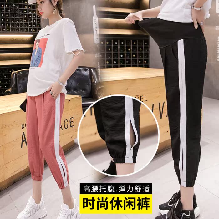 Short subs 80% Pants Summer Gestation Woman Dress Small Black Pants Outside Wearing slim fit cotton linen 7 Pants 150cm Summer