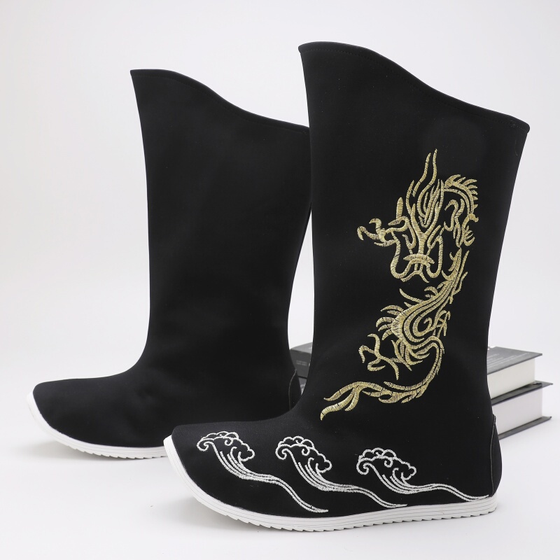 Hanfu Boots for Women, Ancient Style, Knight Costume, Men's Shoes, Embroidered, Raised Toe, Height-Increasing, Soap Boots, Chinese-Style Official Boots, Long Cloth Boots