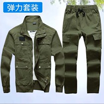 Pure cotton elastic working clothes suit mens electric welding abrasion-proof and anti-hot spring autumn construction site camouflawable clothing can be customized