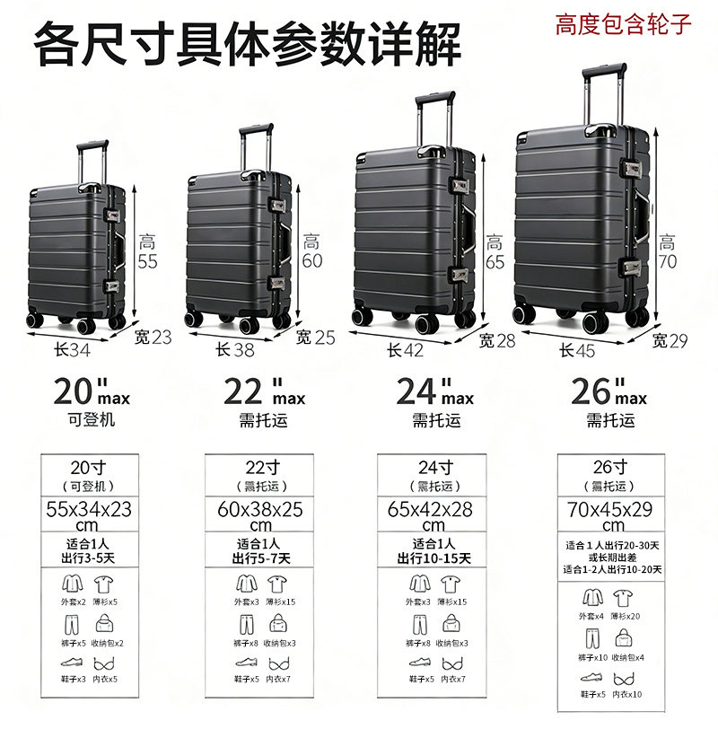 New Luggage Suitcase Aluminum Frame Dense Travel Suitcase Student Trolley Case Universal Wheels Carry-on Suitcase Brake Wheels Durable and Sturdy