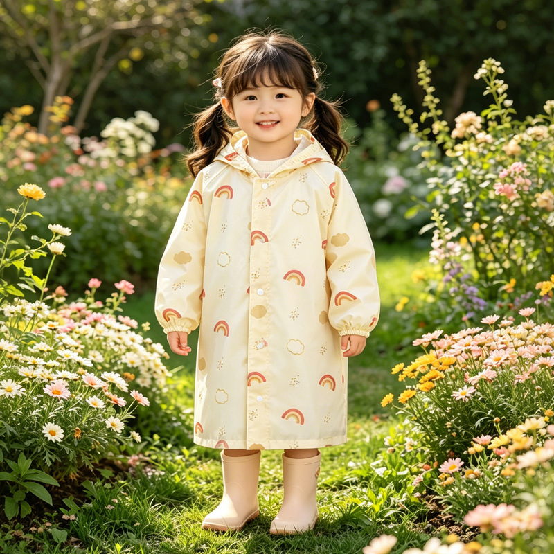 Sweet Children's Raincoat for Girls and Boys, Hooded Rainbow Portable Long Waterproof Poncho for 3-Year-Olds, Suitable for Primary School and Kindergarten