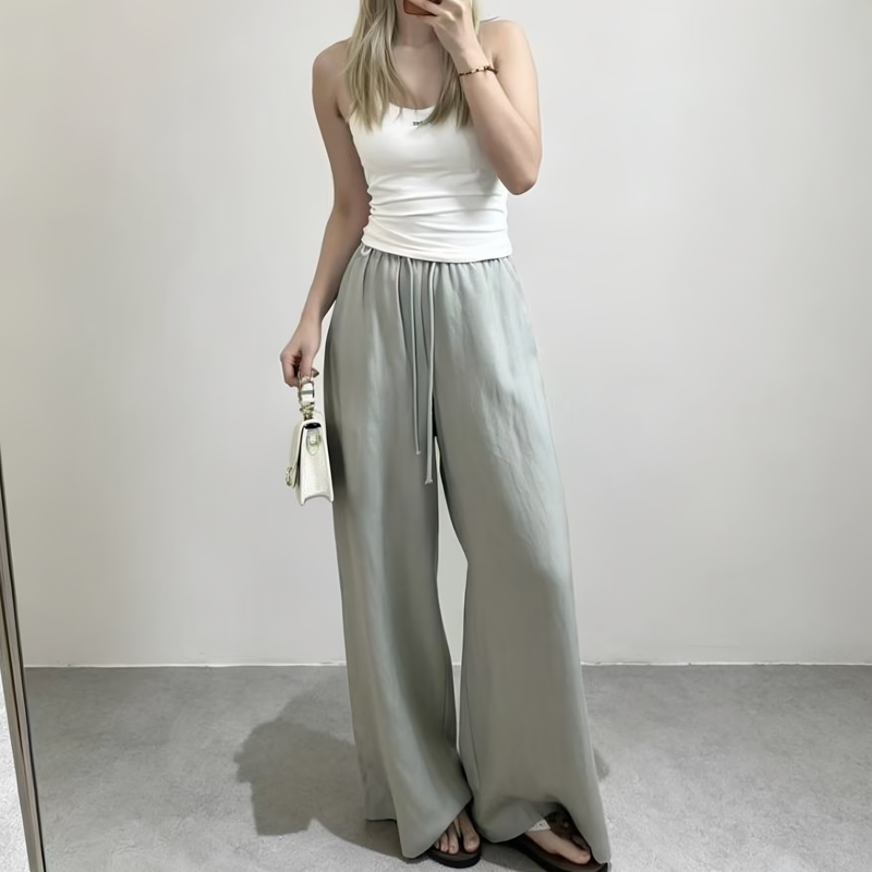 Colorful Linen Elastic Waist Drawstring Wide-Leg Pants