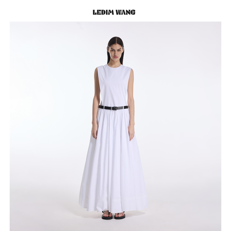 Ledim Wang Minimalist Style Sleeveless Dress for Women 2026 Spring and Summer New Low Waistline White Elegant Long Dress