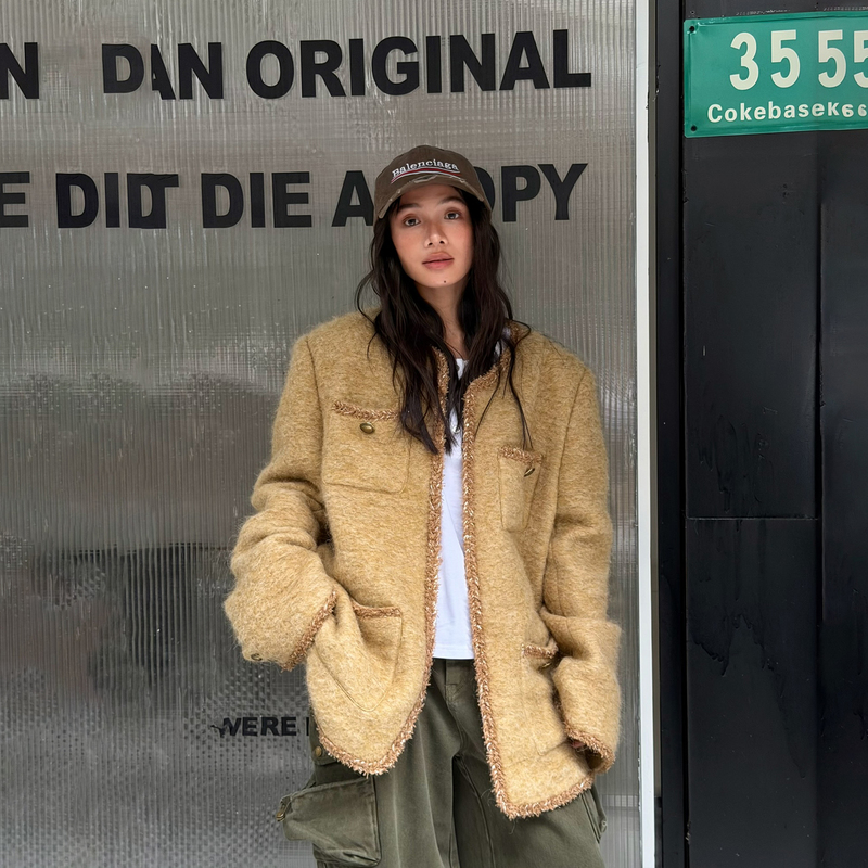 Ledim Wang White Label/Bohemian Style Jacket Alpaca Wool Yellow Women's Woolen Coat 25 Autumn and Winter New Style