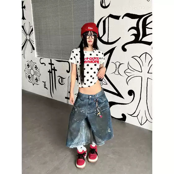 Tr Brushshift American-Style Polka Dot Letter Print Regular Shoulder Short-Sleeve T-Shirt Slim-Fit Waist-Cinching Short Top for Summer