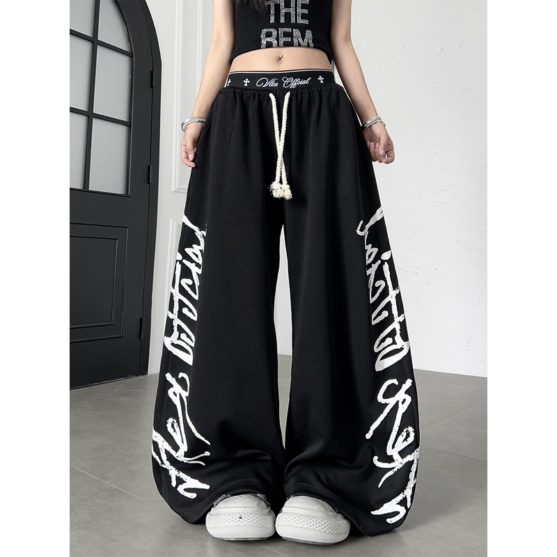 Tr Brushshift American Street Style Letter Print Casual Sweatpants with Drape Effect, Floor-Length Sports Dance Pants