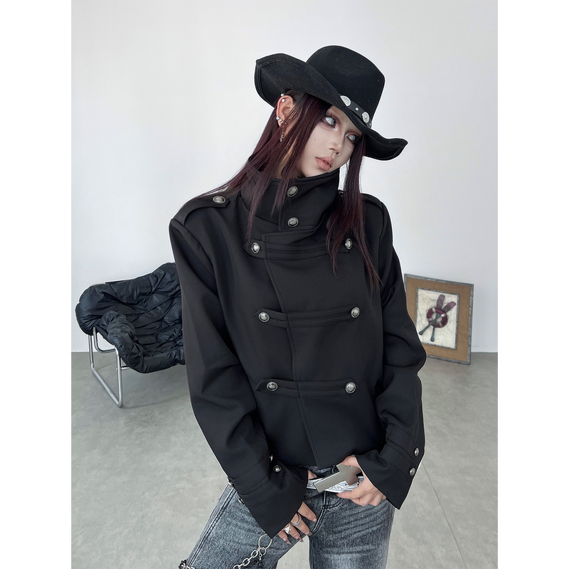 Tr Brushshift Light Dark Court Knight Stand Collar Diagonal Button Jacket Napoleon Short Coat Autumn