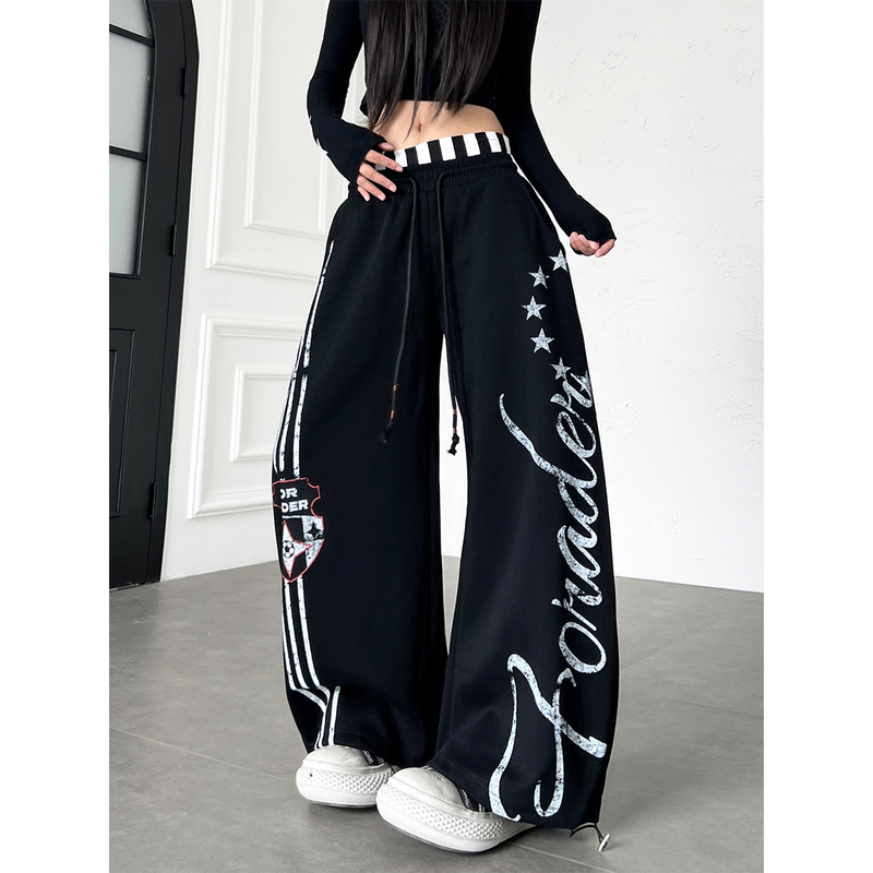 Tr Brushshift American Street Style Double-Ended Waist Letter Print Scimitar Sweatpants Unisex Dance Wide-Leg Pants