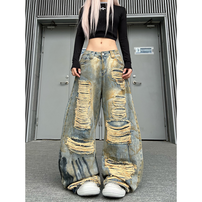 Tr Brushshift Heavy-Duty Distressed Ripped Scimitar Jeans Loose Washed Vintage Wide-Leg Pants