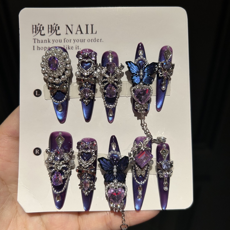 Zixi Handmade Wearable Nails, High-End Purple Cat-Eye Manicure, Brightening, Heavy-Duty Luxury Fake Nail Stickers