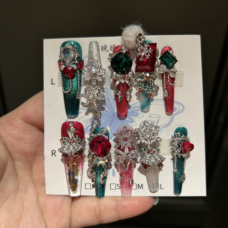 Christmas and New Year Princess Liquid Sand Style Full Zircon Accessories Dongzhou Handmade Wearable Nails Snowflake Christmas Nail Art