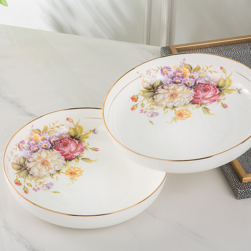European-style rose plate porcelain plate golden-edged nest plate household deep-mouth steamed egg custard plate deep plate salad plate