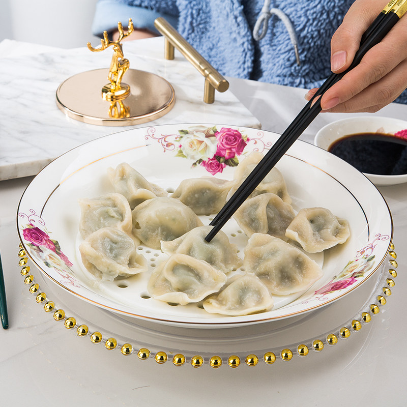 Dumpling plate draining plate double-layer large round ceramic fruit plate household tray deep plate dumpling plate