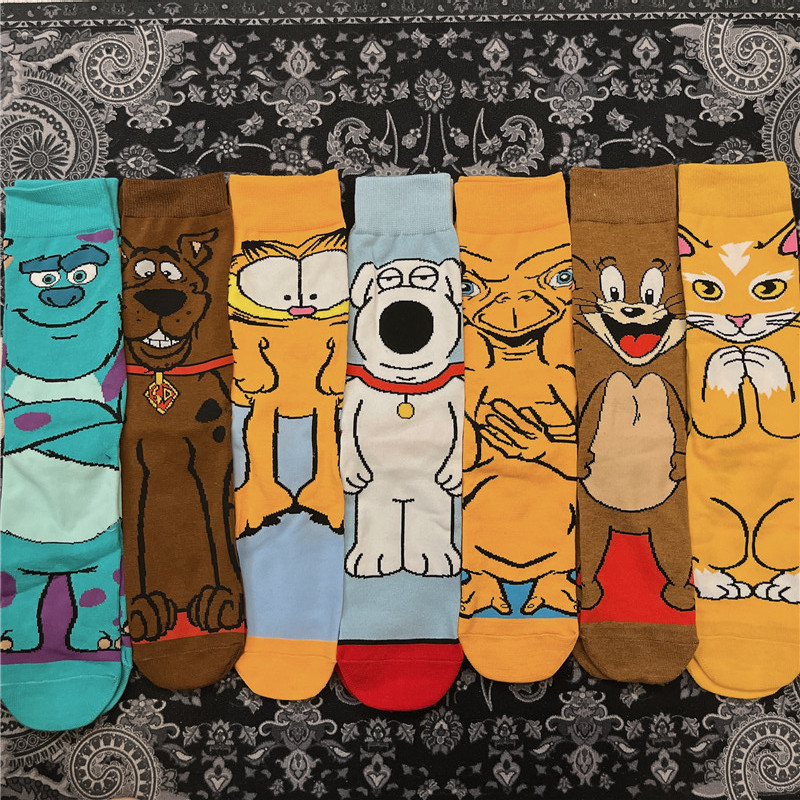 Cute Straight Socks, Quirky Socks, Heeled Socks, Coffee Cat and Mouse, Furry Monster, Trendy Cartoon Mid-Calf Socks, Bell Dog