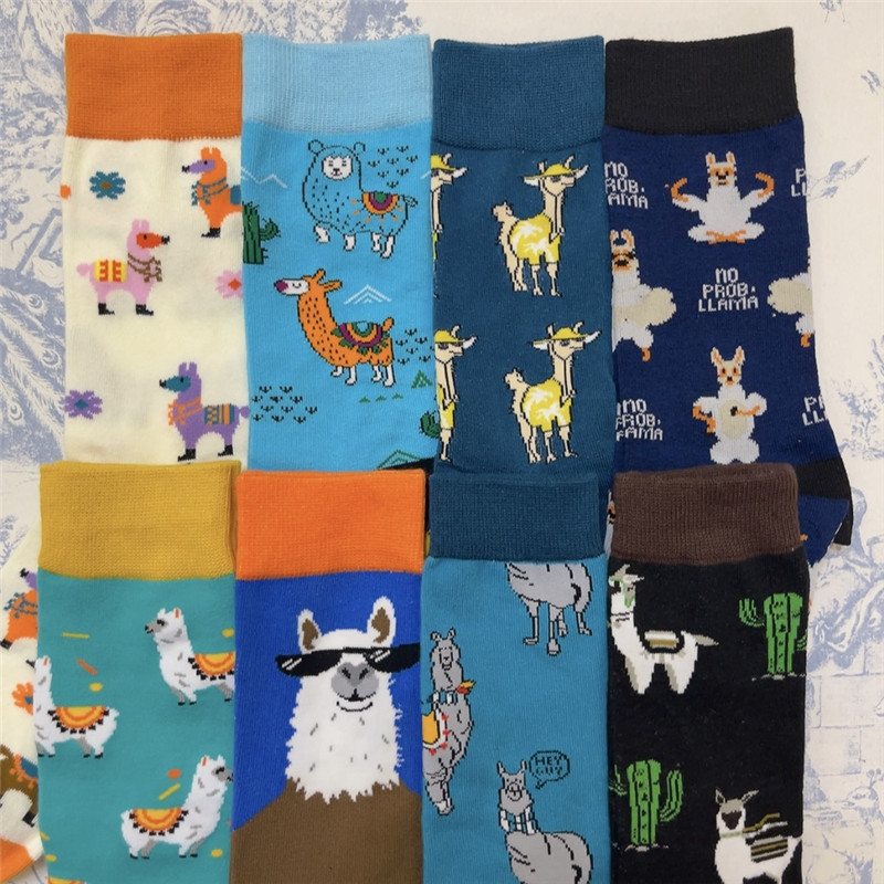 Cute and Trendy Cartoon Mid-Calf Cotton Socks with Cactus, Llama, and Alpaca Designs