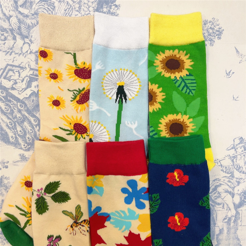 Cute Cartoon Leaf and Flower Socks, Mid-Calf Cotton Socks, Colorful Sunflower, Monstera, Maple Leaf, Insect Socks, Flower