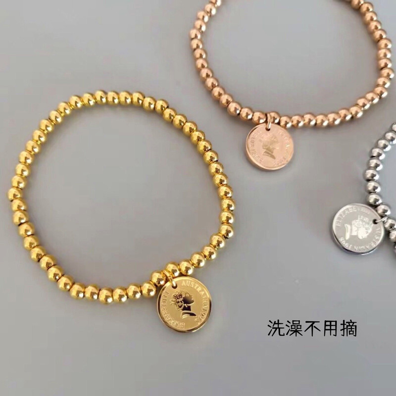 [Titanium Steel Does Not Fade] Chinese Style Gold Coin Queen's Portrait Lucky Fortune Elastic Bead Bracelet for Women