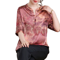Moms summer dress national style mulberry silk top noble large size middle-aged and elderly womens clothing 2024 new printed silk top