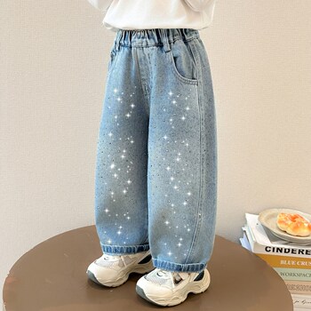 Girls' Rhinestone-Embellished Curved Hem Jeans, Stylish and Versatile Loose-Fitting Long Pants for Toddlers, Korean Style, Spring and Autumn Casual Pants for Children