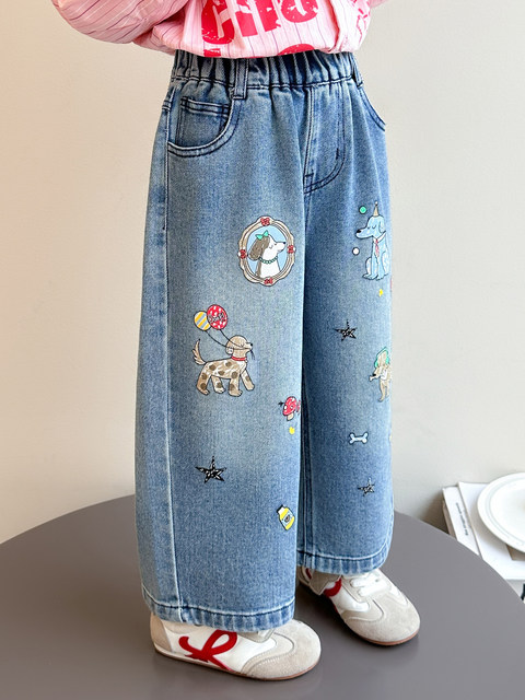Girls' Cartoon Embroidered Jeans, New Spring and Autumn Style, Versatile Straight-Leg Pants for Children, Korean Style Loose Wide-Leg Pants