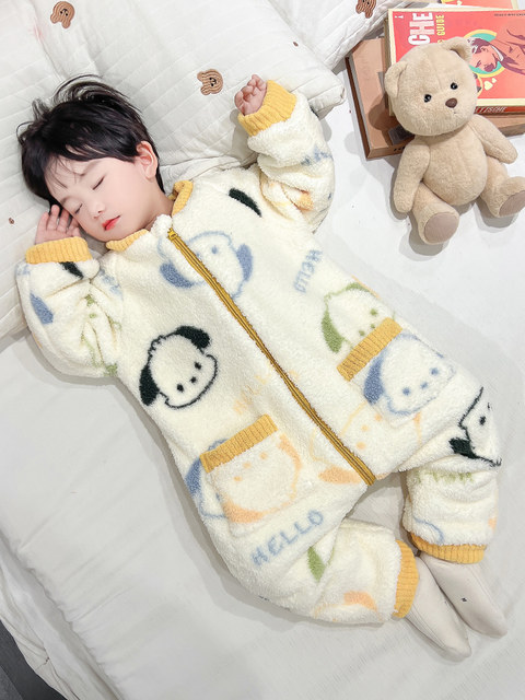 Children's One-Piece Pajamas for Autumn and Winter, Thickened Flannel, One-Year-Old Baby Sleeping Bag, Boys' Coral Fleece Anti-Kick Blanket