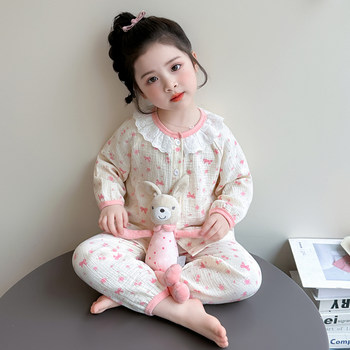 Girls' Gauze Pajamas, Spring & Fall Long-Sleeved Air-Conditioned Clothes, Kidsren's Pure Cotton Home Clothes, Cute Cardigan Suits for Girls and Babies