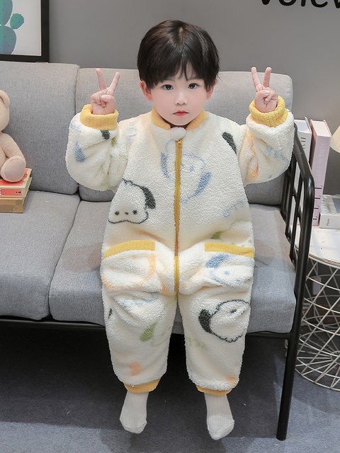 Children's One-Piece Pajamas for Autumn and Winter, Thickened Flannel, One-Year-Old Baby Sleeping Bag, Boys' Coral Fleece Anti-Kick Blanket
