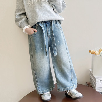 Girls' New Spring and Autumn Rhinestone Jeans, Korean Style Trendy Wide-Leg Straight Pants with Belt, Casual Versatile for Girls