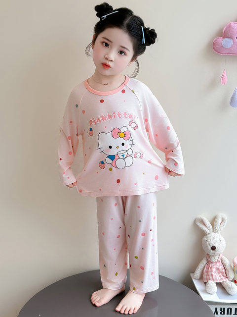 Girls' Cartoon Hello Kitty Pajamas, Kidsren's Spring and Summer Modal Home Clothes, Thin Set, Cute Air-Conditioned Clothes